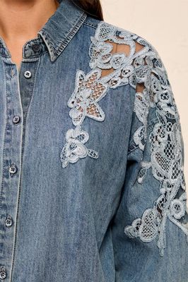 Tribal 6006O-5784 Women's LS Floral Blue Lace Front Button Denim Shirt/FLOWERBLUE