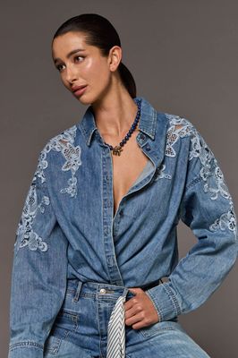 Tribal 6006O-5784 Women's Long Sleeve Floral Blue Lace Front Button Denim Shirt – Flowerblue