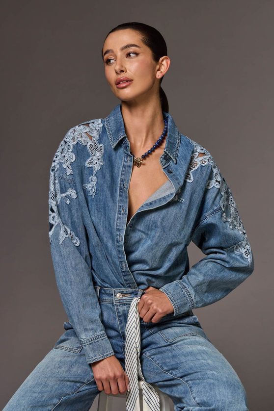 Tribal 6006O-5784 Women's Long Sleeve Floral Blue Lace Front Button Denim Shirt – Flowerblue