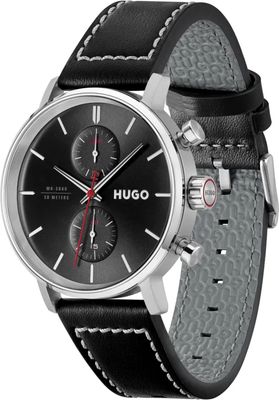 Hugo 1530465 Men's Black Leather Strap & Silver Black Dial Multi-Function Watch