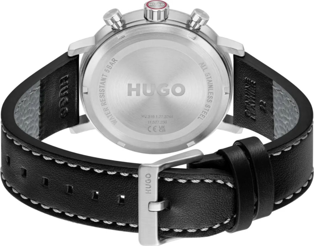 Hugo 1530465 Men's Black Leather Strap & Silver Black Dial Multi-Function Watch