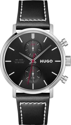 Hugo 1530465 Men's Black Leather Strap & Silver Black Dial Multi-Function Watch