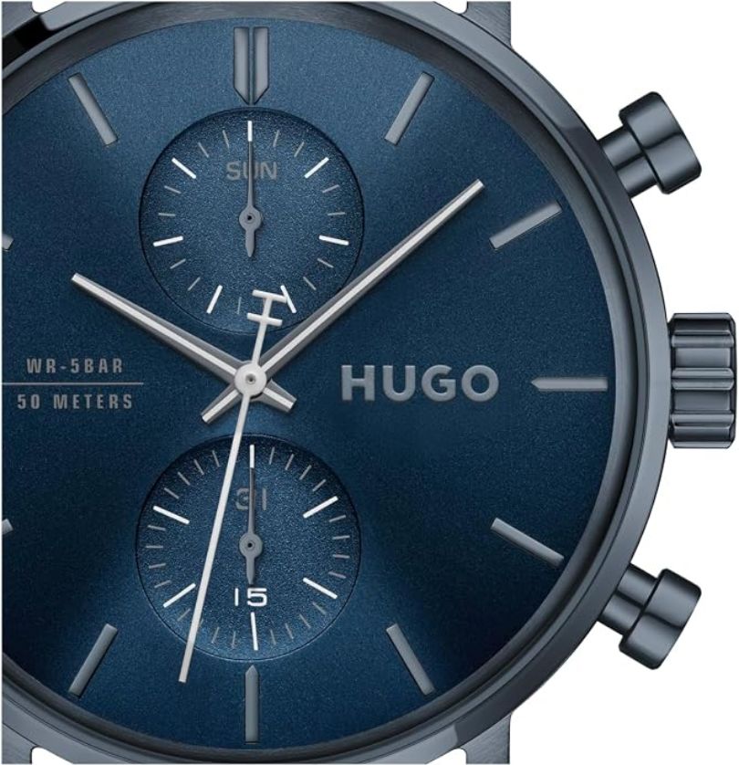 Hugo 1530466 Men's Black Leather Strap & Navy Blue Dial Multi-Function Watch