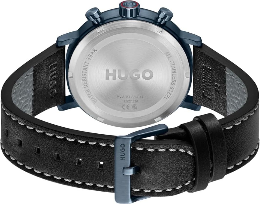 Hugo 1530466 Men's Black Leather Strap & Navy Blue Dial Multi-Function Watch