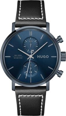 Hugo 1530466 Men's Black Leather Strap & Navy Blue Dial Multi-Function Watch