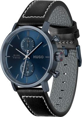 Hugo 1530466 Men's Black Leather Strap & Navy Blue Dial Multi-Function Watch