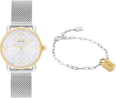 Coach 14000115 Women's Elliot S.Steel Mesh Strap Watch & Padlock Pendant Link Bracelet Gift Set 2PC