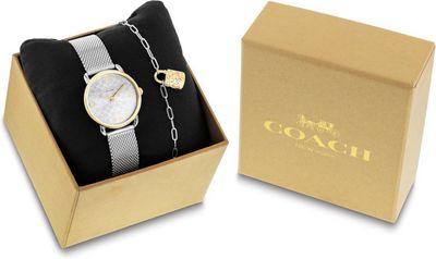 Coach 14000115 Women's Elliot S.Steel Mesh Strap Watch & Padlock Pendant Link Bracelet Gift Set 2PC