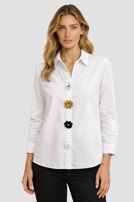 Orly 262294 Women's Long Sleeve Flower Accent Buttons Shirt – White