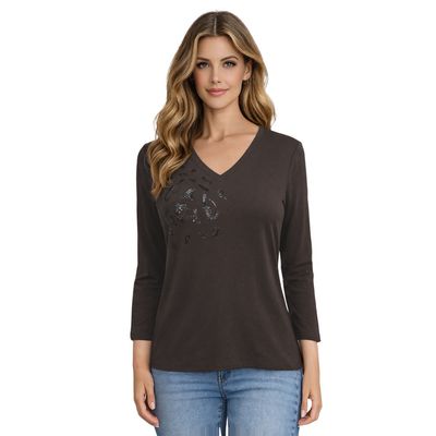 Orly 262119 Women's Long Sleeve Rhinestone Detail & Leopard Print Jersey T-Shirt – Black