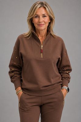 Orly 262128 Women's LS Gold Stud Detail Quarter Zip Sweater/PECAN