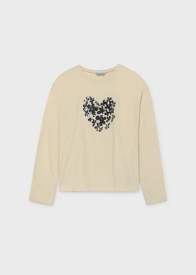 Mayoral 7064 Girl's Youth LS Sequin Heart T-Shirt/MACCHIATO