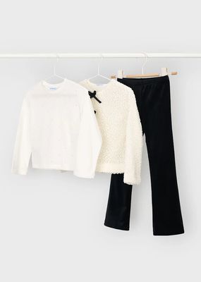 Mayoral 4740 Girl's Youth Long Sleeve Rhinestone T-Shirt, Bow Detail Jacket & Velvet Pants Set 3PC – Black&white