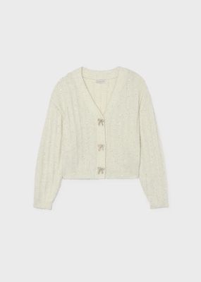 Mayoral 7345 Girl's Youth Bow Button Closure & Seuqin Detail Plush Cardigan/