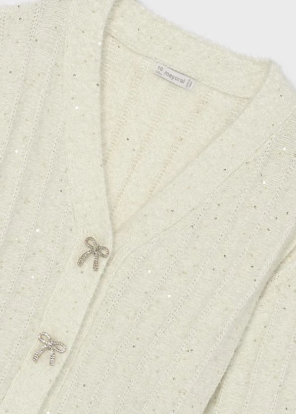 Mayoral 7345 Girl's Youth Bow Button Closure & Seuqin Detail Plush Cardigan