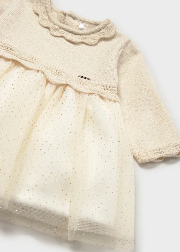 Mayoral 2809 Tulle Polka Dot Skirt & Scallop Knit Dress – Champagne