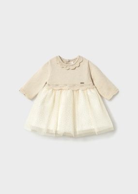 Mayoral 2809 Tulle Polka Dot Skirt & Scallop Knit Dress/CHAMPAGNE