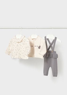 Mayoral 2516 Baby Girl's Long Sleeve Top, Cardigan & Knit Overall Set 3PC