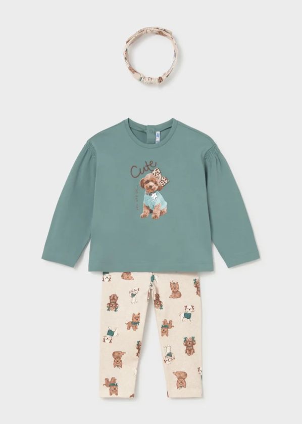 Mayoral 2780 Girl's Junior Long Sleeve Dog Print T-Shirt, Legging & Bow Headband Set 3PC