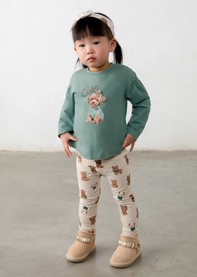 Mayoral 2780 Girl's Junior Long Sleeve Dog Print T-Shirt, Legging & Bow Headband Set 3PC