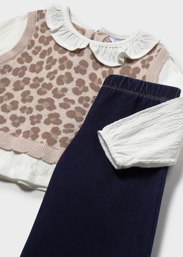 Mayoral 2536 Girl's Junior Long Sleeve Leopard Print Attached Vest Top & Pants Set 2PC – Nuez