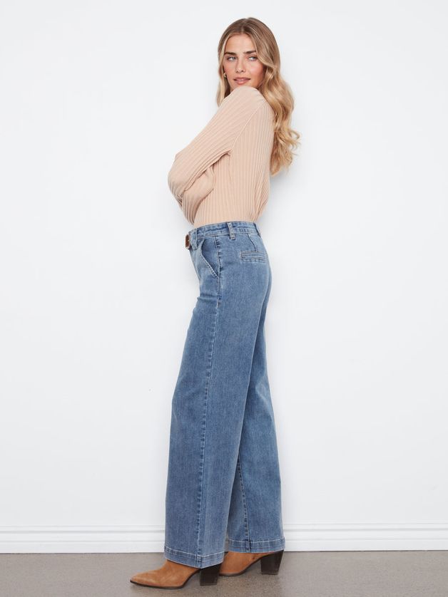 Charlie B C5807-431A Women's Wide Leg Flare Jeans w/ Detachable Suede Belt – Medium Blue