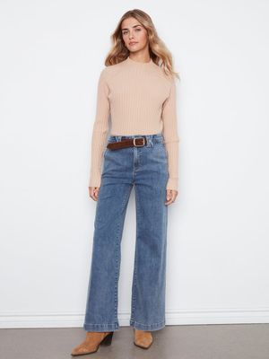 Charlie B C5807-431A Women's Wide Leg Flare Jeans w/ Detachable Suede Belt/MEDIUM BLUE