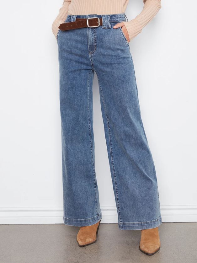 Charlie B C5807-431A Women's Wide Leg Flare Jeans w/ Detachable Suede Belt – Medium Blue