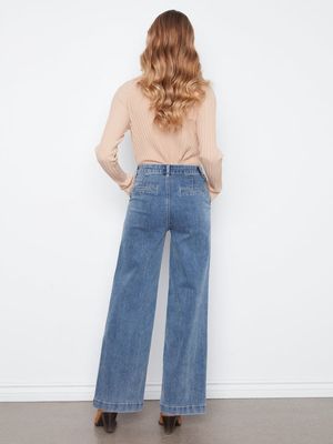 Charlie B C5807-431A Women's Wide Leg Flare Jeans w/ Detachable Suede Belt/MEDIUM BLUE