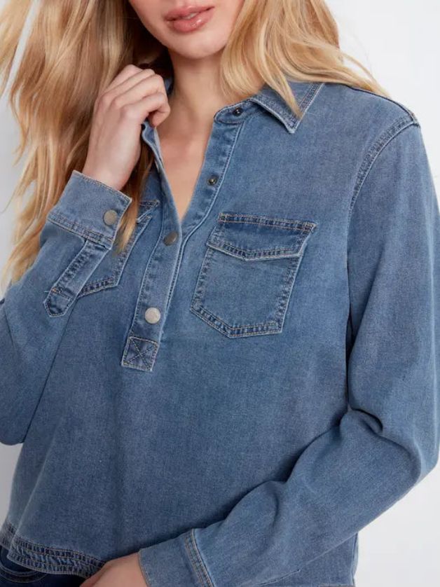 Charlie B C4714-696C Women's Long Sleeve Tencel Denim Shirt – Medium Blue