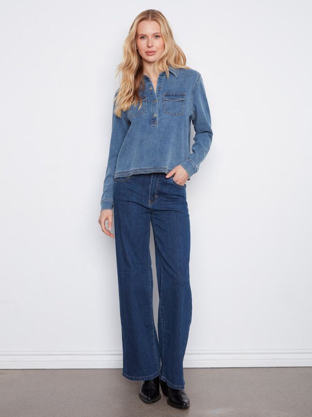 Charlie B C4714-696C Women's Long Sleeve Tencel Denim Shirt – Medium Blue