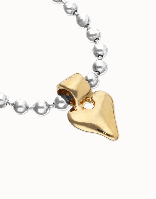 UNOde50 PUL2636OROMTL0L Gold Heart Beat Charm Silver Beaded Bracelet/ L