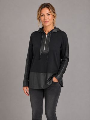 Orly 262189 Women's Long Sleeve Rhinestone & Faux Leather Detail Hooded Top – Black