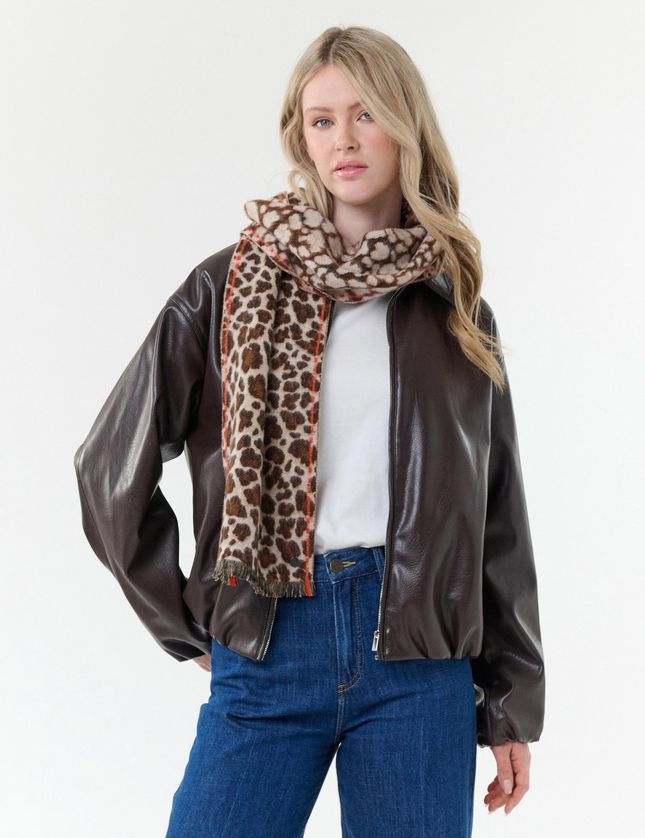 FRAAS 658131 Women's Leopard Print & Accent Stripe Scarf