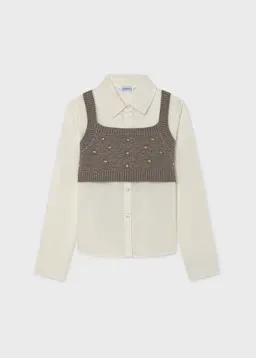 Mayoral 7349 Girl's LS Shirt & Cardigan 2PC Set/