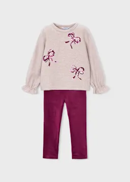Mayoral 4739 Girl's Youth Long Sleeve Sequin Bow Sweater & Velvet Leggings Set 2PC