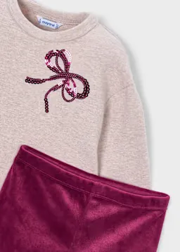 Mayoral 4739 Girl's Youth Long Sleeve Sequin Bow Sweater & Velvet Leggings Set 2PC