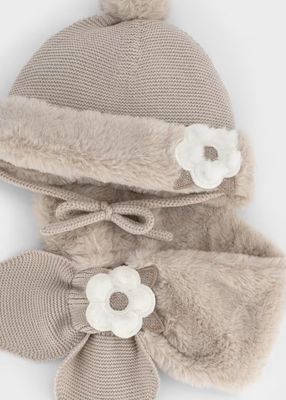 Mayoral 10257 Girl's Junior Faux Fur & Floral Accent Knit Hat & Scarf Set 2PC/