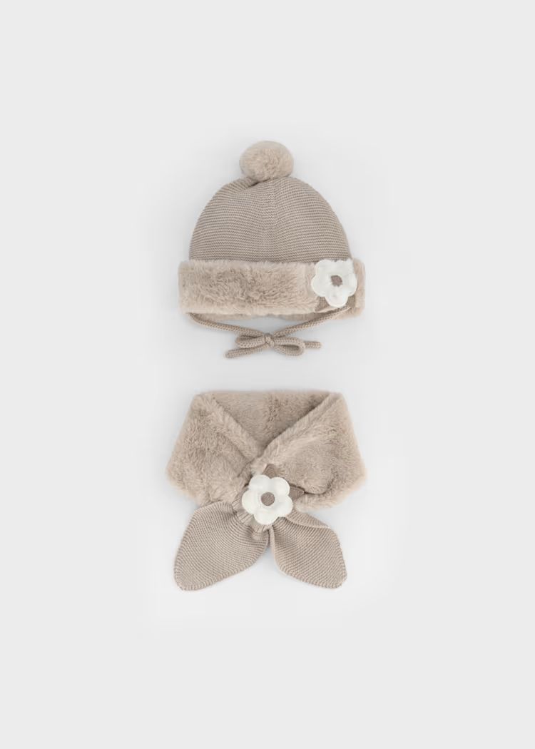 Mayoral 10257 Girl's Junior Faux Fur & Floral Accent Knit Hat & Scarf Set 2PC