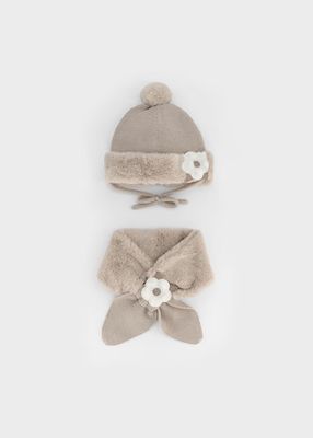 Mayoral 10257 Girl's Junior Faux Fur & Floral Accent Knit Hat & Scarf Set 2PC/