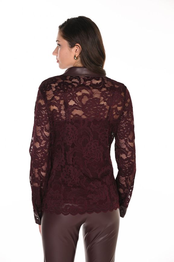 Frank Lyman 263401 Women's Long Sleeve Faux Leather Trim & Floral Openwork Blouse – Black Cherry