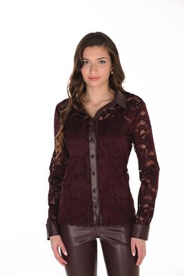 Frank Lyman 263401 Women's Long Sleeve Faux Leather Trim & Floral Openwork Blouse – Black Cherry
