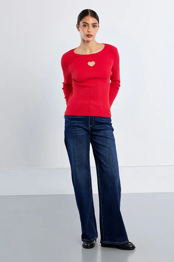 Lili Sidonio LAL731EH Women's Long Sleeve Heart Cutout Ribbed Sweater