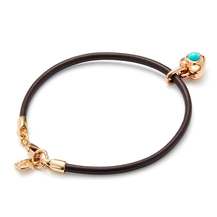 Uno de 50 PUL2564MARORO0M Gold Plated Turquoise Heart Charm & Brown Rope Bracelet
