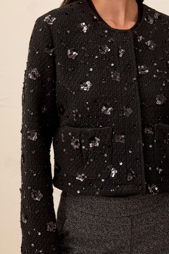Tribal 6368O-5726 Women's Long Sleeve Sequen Embellished Tweed Jacket