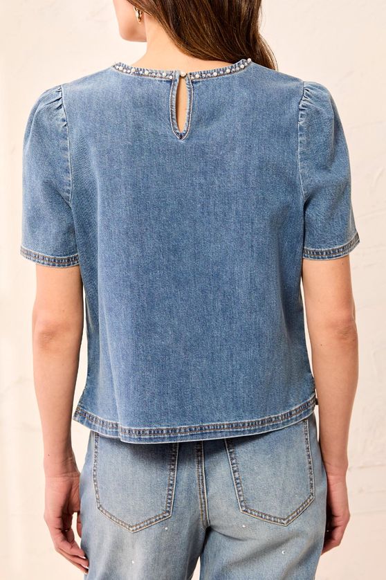 Tribal 6348O-5853 Women's Short Sleeve Pearl Denim Top