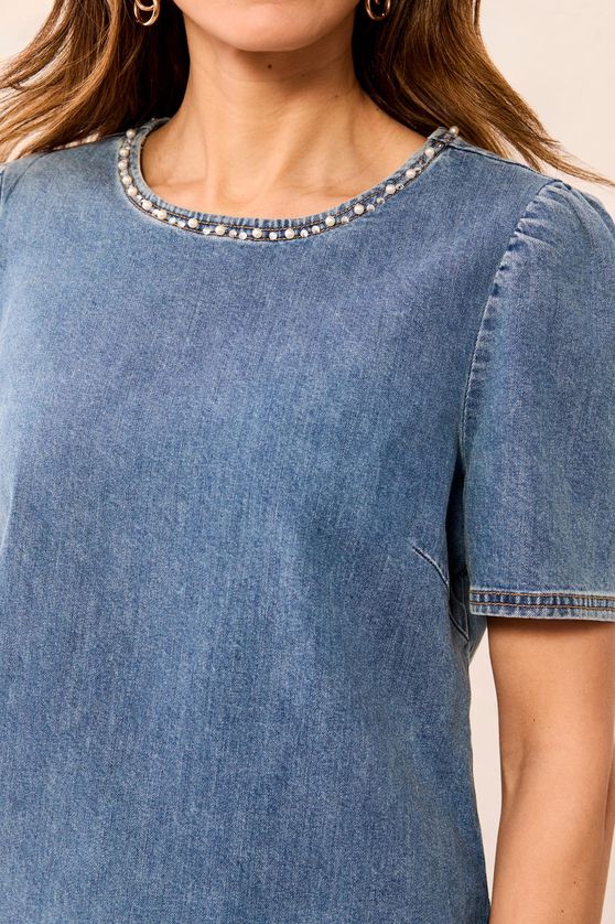 Tribal 6348O-5853 Women's Short Sleeve Pearl Denim Top