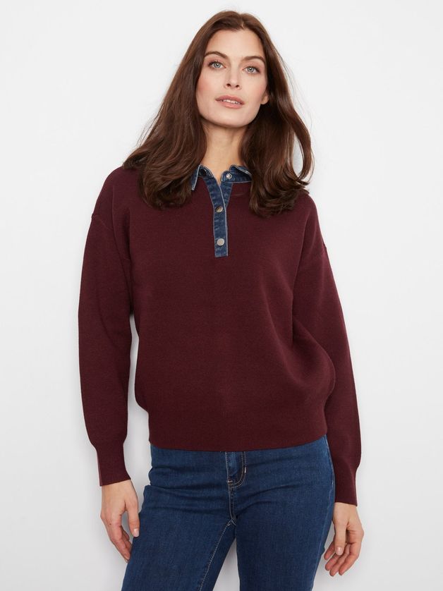 Charlie B C2125-974A Women's Denim Trim Polo Sweater