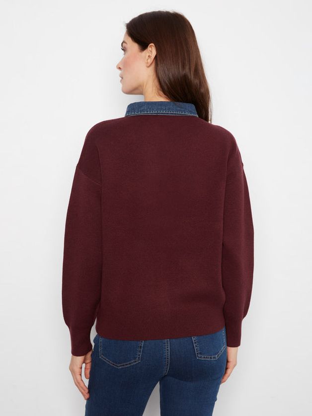 Charlie B C2125-974A Women's Denim Trim Polo Sweater
