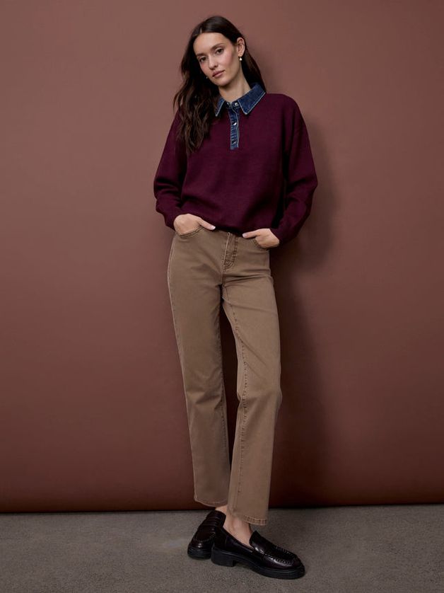 Charlie B C2125-974A Women's Denim Trim Polo Sweater